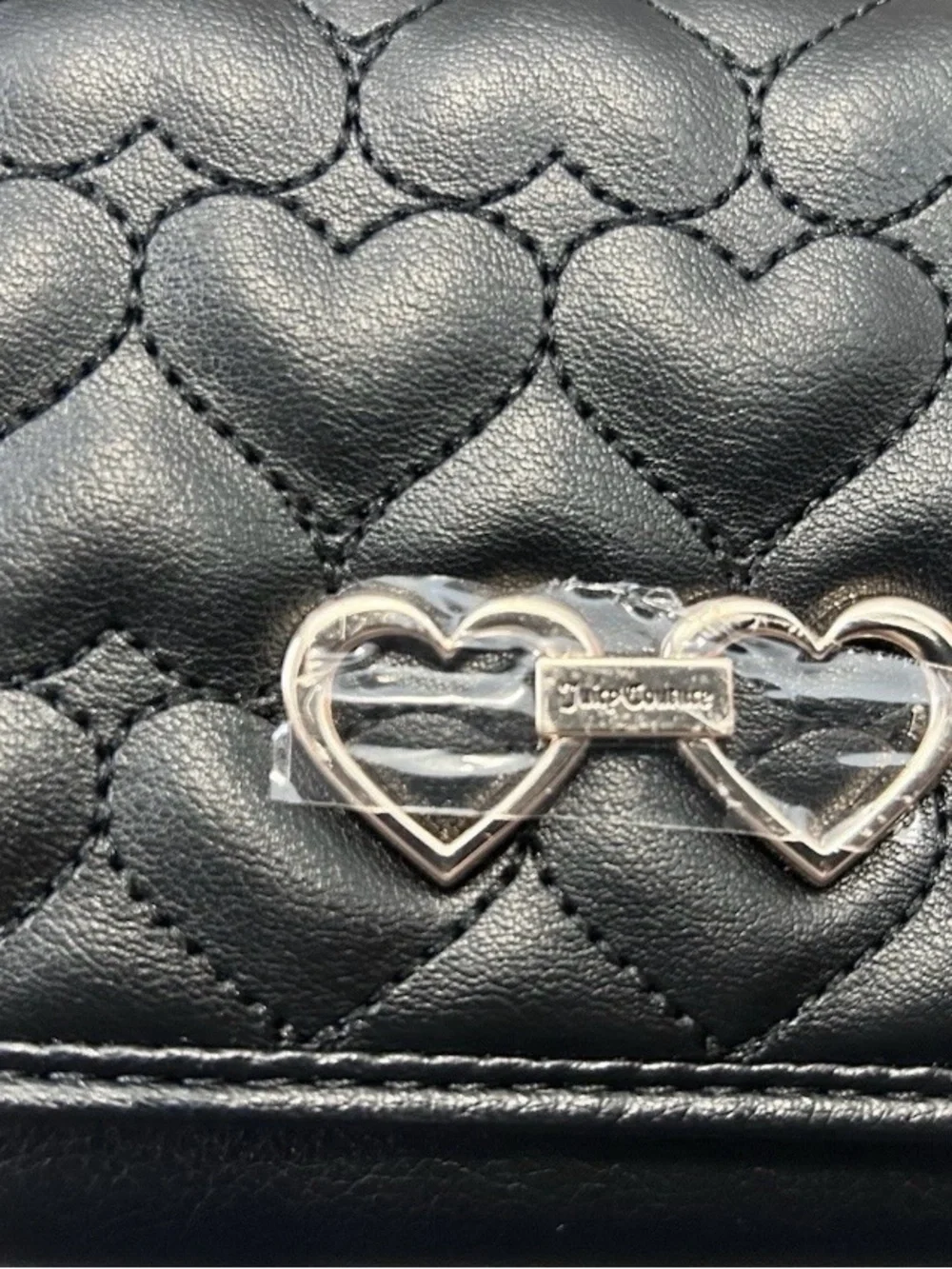 Juicy Couture Clutch Wallet Black Quilted Heart-Pattern Silver Heart Hardware